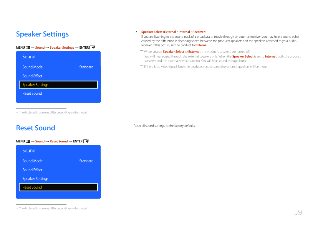 Samsung LH32EDDPLGC/EN, LH40EDDPLGC/EN, LH55EDDPLGC/EN, LH46EDDPLGC/EN Reset Sound, Sound Effect Speaker Settings 