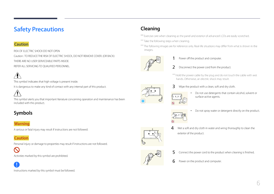 Samsung LH46EDDPLGC/EN, LH40EDDPLGC/EN manual Safety Precautions, Cleaning, Symbols, Power off the product and computer 