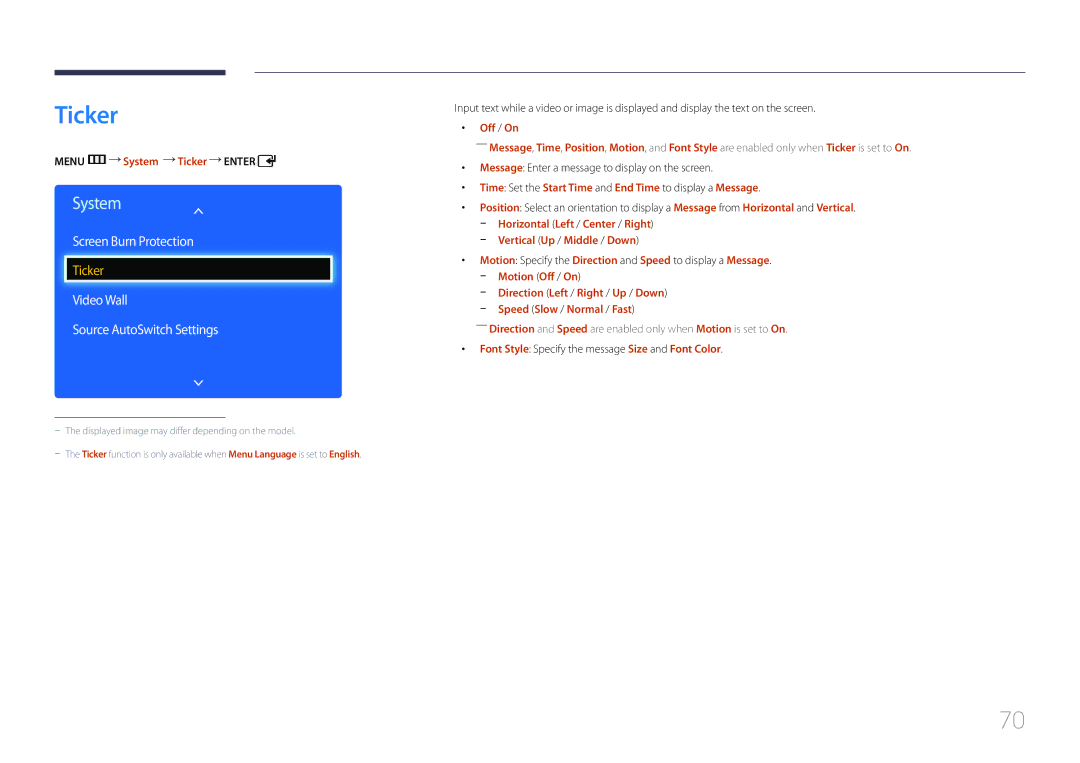 Samsung LH46EDDPLGC/EN Video Wall Source AutoSwitch Settings, Menu m System Ticker Enter, Vertical Up / Middle / Down 