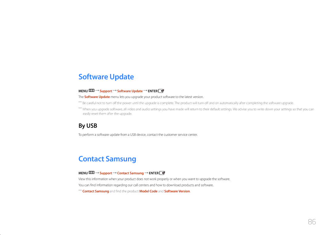 Samsung LH46EDDPLGC/EN, LH40EDDPLGC/EN, LH55EDDPLGC/EN, LH32EDDPLGC/EN Support, Software Update, Contact Samsung, By USB 