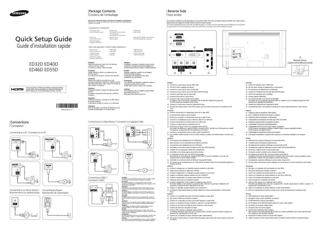 Samsung LH55EDDPLGC/EN manual Package Contents, Reverse Side, Connections, Contenu de l’emballage, Face arrière, Connexion 