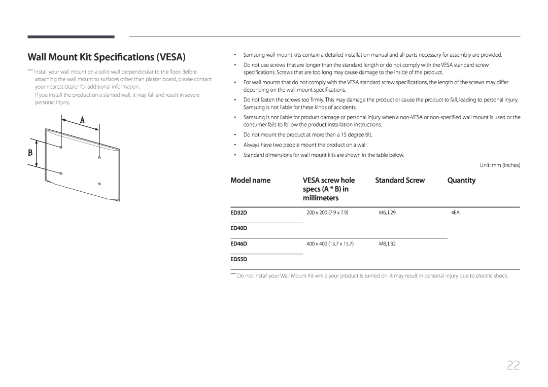 Samsung LH46EDDPLGC/EN manual Wall Mount Kit Specifications VESA, VESA screw hole, Standard Screw, Quantity, specs A * B in 