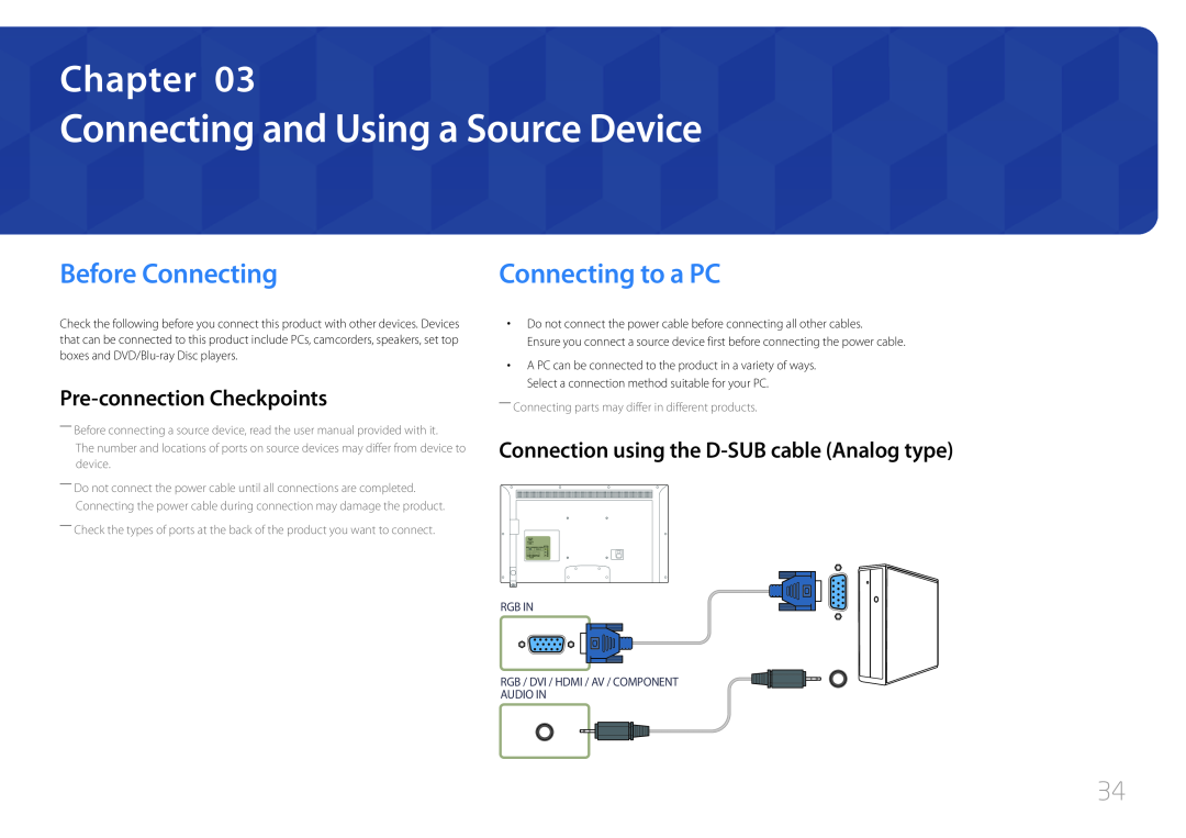 Samsung LH46EDDPLGC/EN manual Connecting and Using a Source Device, Before Connecting, Connecting to a PC, Chapter 