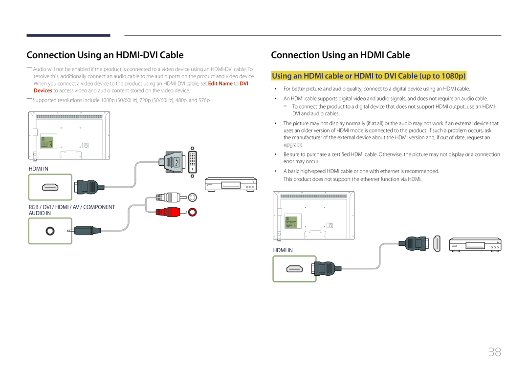 Samsung LH46EDDPLGC/EN Using an HDMI cable or HDMI to DVI Cable up to 1080p, Hdmi In, Connection Using an HDMI-DVI Cable 