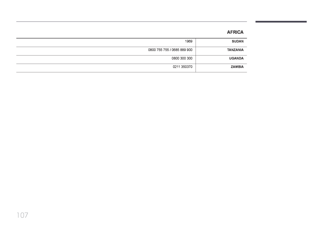 Samsung LH32EDDPLGC/EN manual Africa, 1969, Sudan, 0800 755 755 / 0685 889, Tanzania, 0800 300, Uganda, 0211, Zambia 