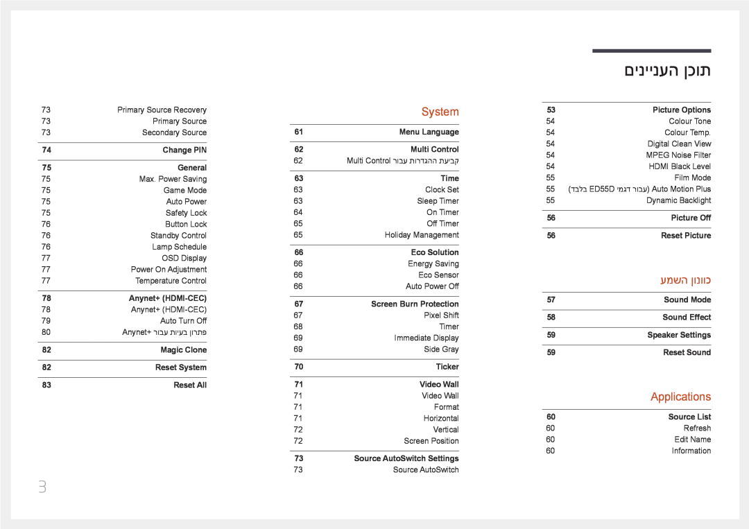 Samsung LH32EDDPLGC/EN, LH40EDDPLGC/EN, LH55EDDPLGC/EN, LH46EDDPLGC/EN manual System, עמשה ןונווכ, Applications, םיניינעה ןכות 