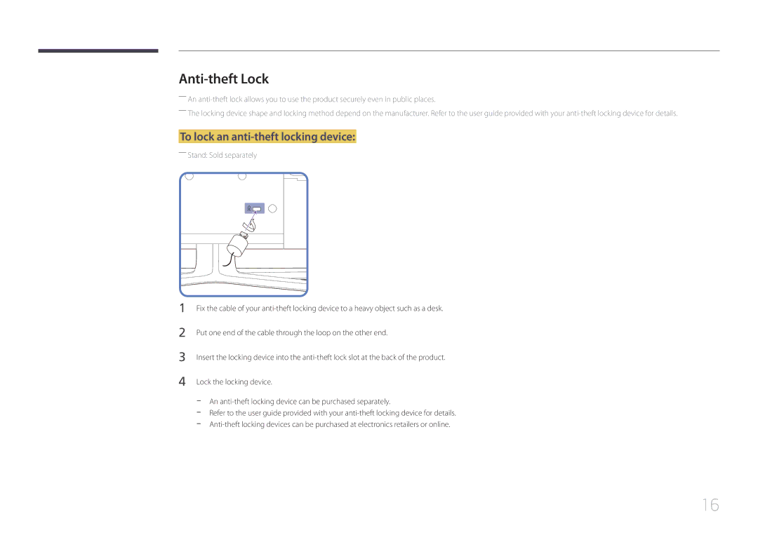 Samsung LH55EDDPLGC/XY, LH40EDDPLGC/EN, LH55EDDPLGC/EN, LH46EDDPLGC/EN Anti-theft Lock, To lock an anti-theft locking device 