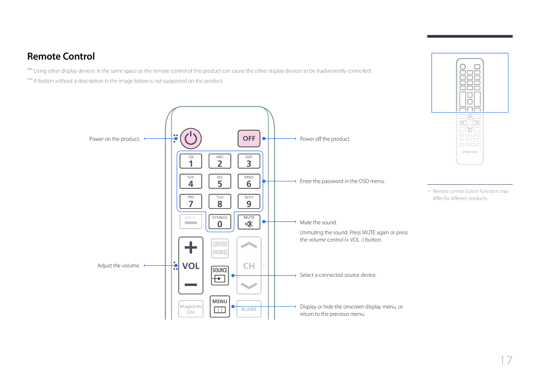 Samsung LH46EDDPLGC/XY manual Remote Control, Adjust the volume, Power off the product Enter the password in the OSD menu 