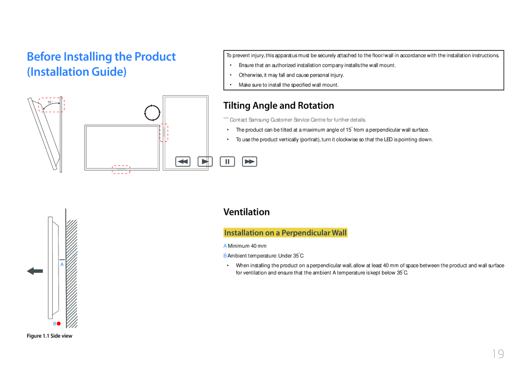 Samsung LH40EDCPLBC/XY, LH40EDDPLGC/EN manual Tilting Angle and Rotation, Ventilation, Installation on a Perpendicular Wall 