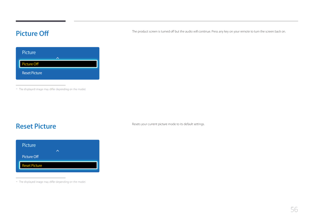 Samsung LH55EDDPLGC/XY, LH40EDDPLGC/EN, LH55EDDPLGC/EN, LH46EDDPLGC/EN, LH40EDCPLBC/EN manual Picture Off, Reset Picture 