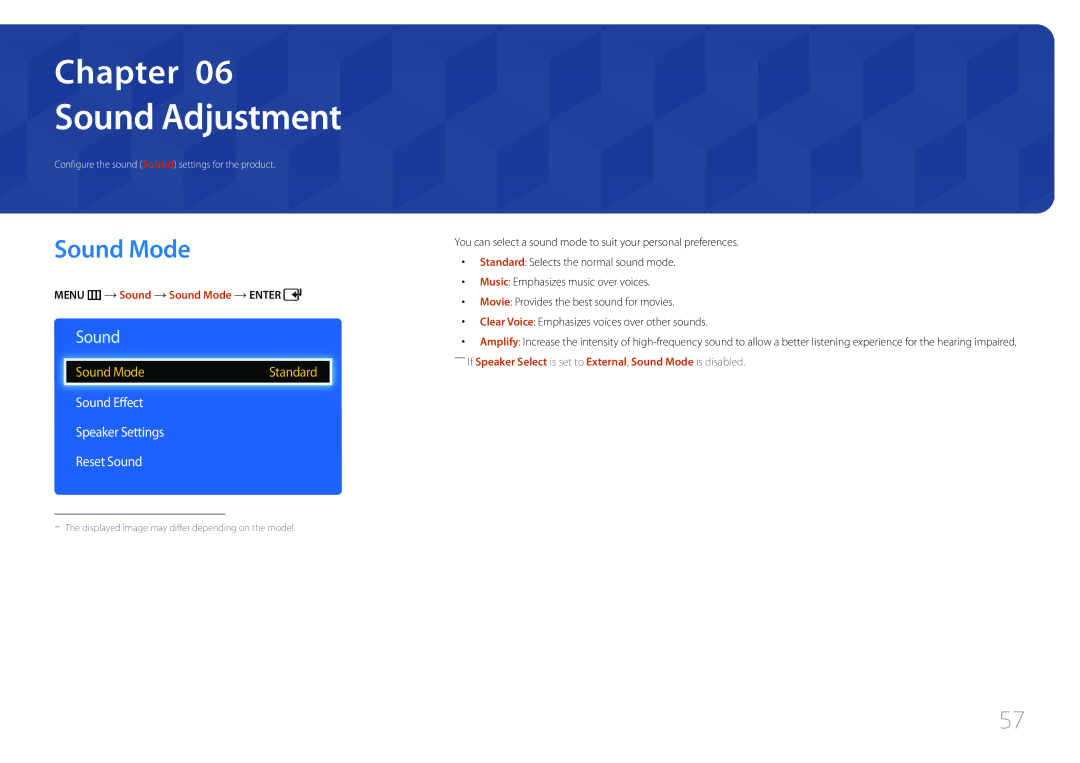 Samsung LH46EDDPLGC/XY, LH40EDDPLGC/EN manual Sound Adjustment, Sound Mode, Sound Effect Speaker Settings Reset Sound 