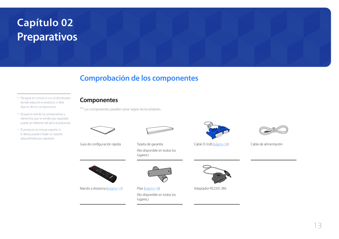 Samsung LH40EDCPLBC/EN, LH40EDDPLGC/EN, LH55EDDPLGC/EN manual Preparativos, Comprobación de los componentes, Componentes 