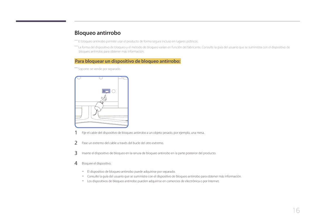 Samsung LH55EDDPLGC/EN, LH40EDDPLGC/EN, LH46EDDPLGC/EN Bloqueo antirrobo, Para bloquear un dispositivo de bloqueo antirrobo 