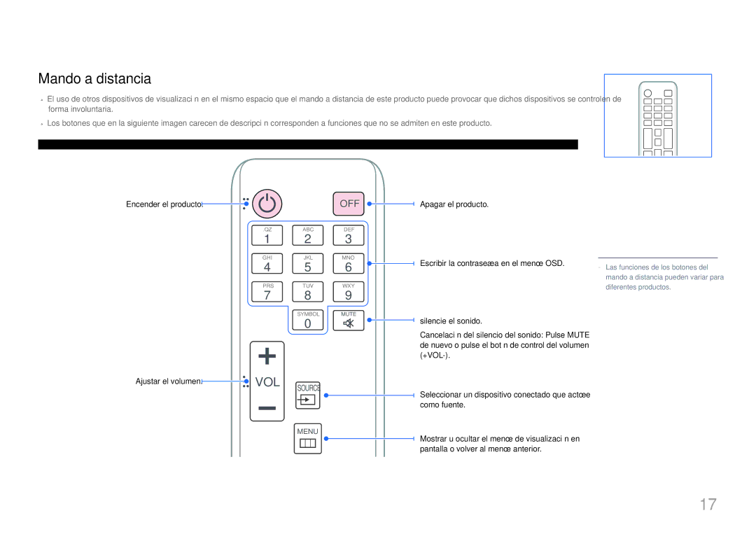 Samsung LH46EDDPLGC/EN, LH40EDDPLGC/EN, LH55EDDPLGC/EN, LH40EDCPLBC/EN, LH32EDDPLGC/EN manual Mando a distancia, Off 