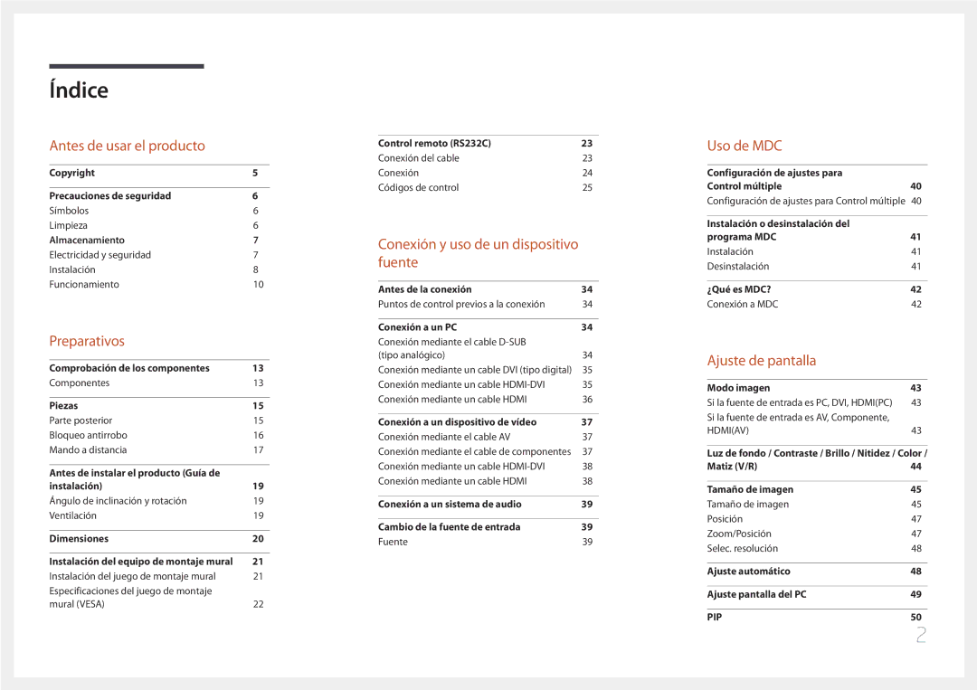 Samsung LH46EDDPLGC/EN, LH40EDDPLGC/EN, LH55EDDPLGC/EN, LH40EDCPLBC/EN, LH32EDDPLGC/EN manual Índice 