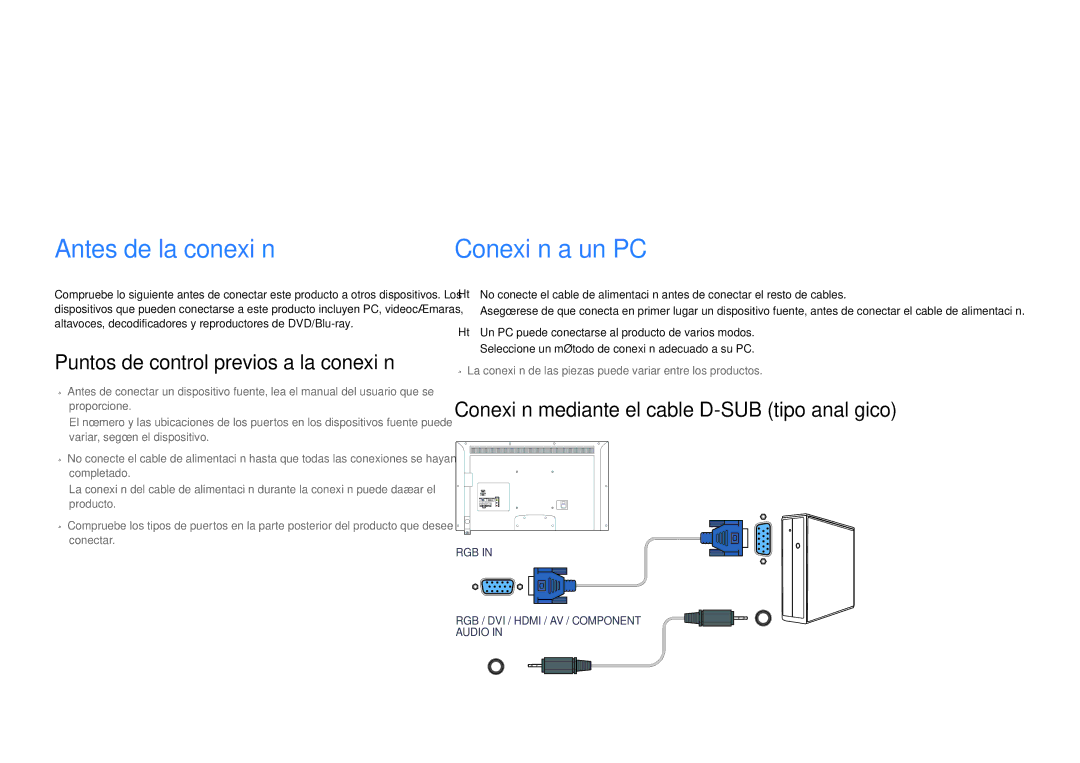 Samsung LH32EDDPLGC/EN, LH40EDDPLGC/EN Conexión y uso de un dispositivo fuente, Antes de la conexión, Conexión a un PC 