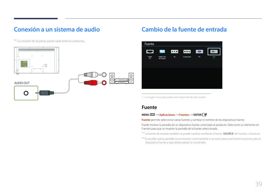 Samsung LH32EDDPLGC/EN, LH40EDDPLGC/EN manual Conexión a un sistema de audio, Menu m Aplicaciones Fuentes Enter 