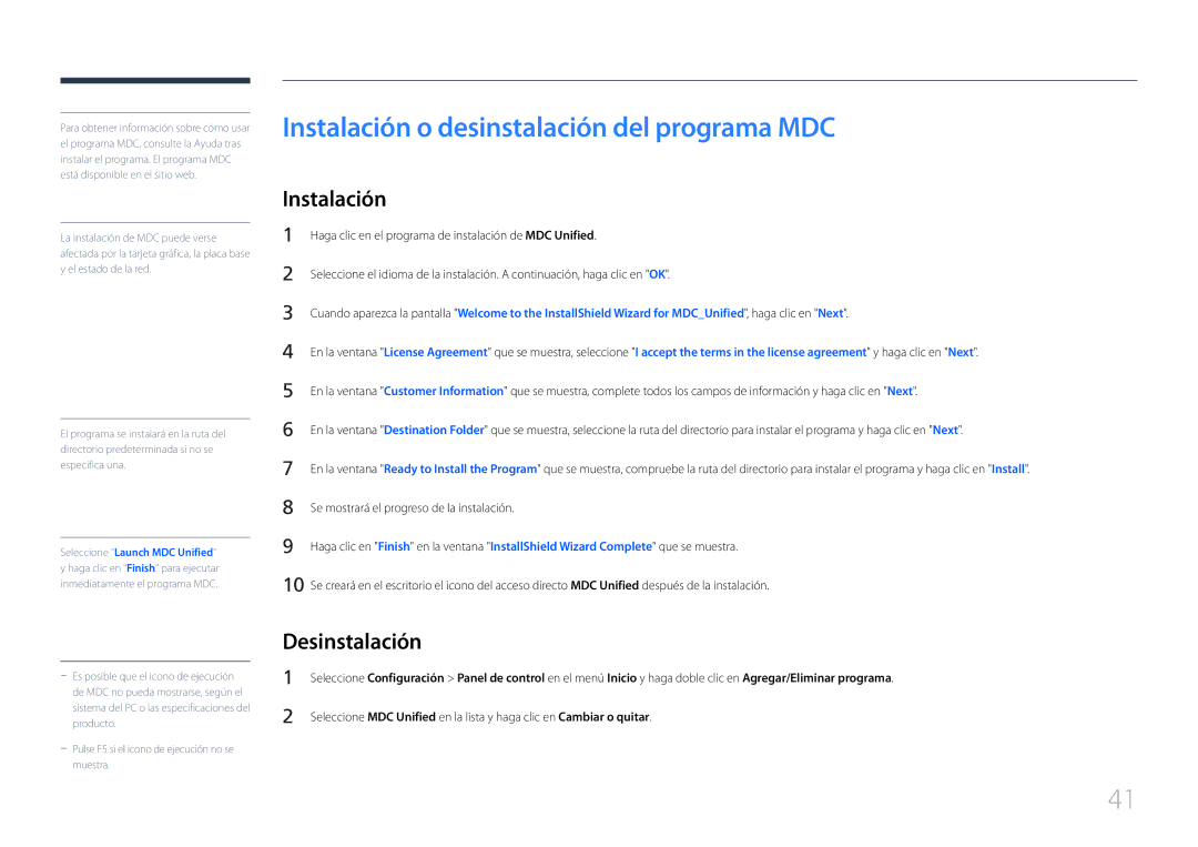 Samsung LH55EDDPLGC/EN, LH40EDDPLGC/EN, LH46EDDPLGC/EN manual Instalación o desinstalación del programa MDC, Desinstalación 