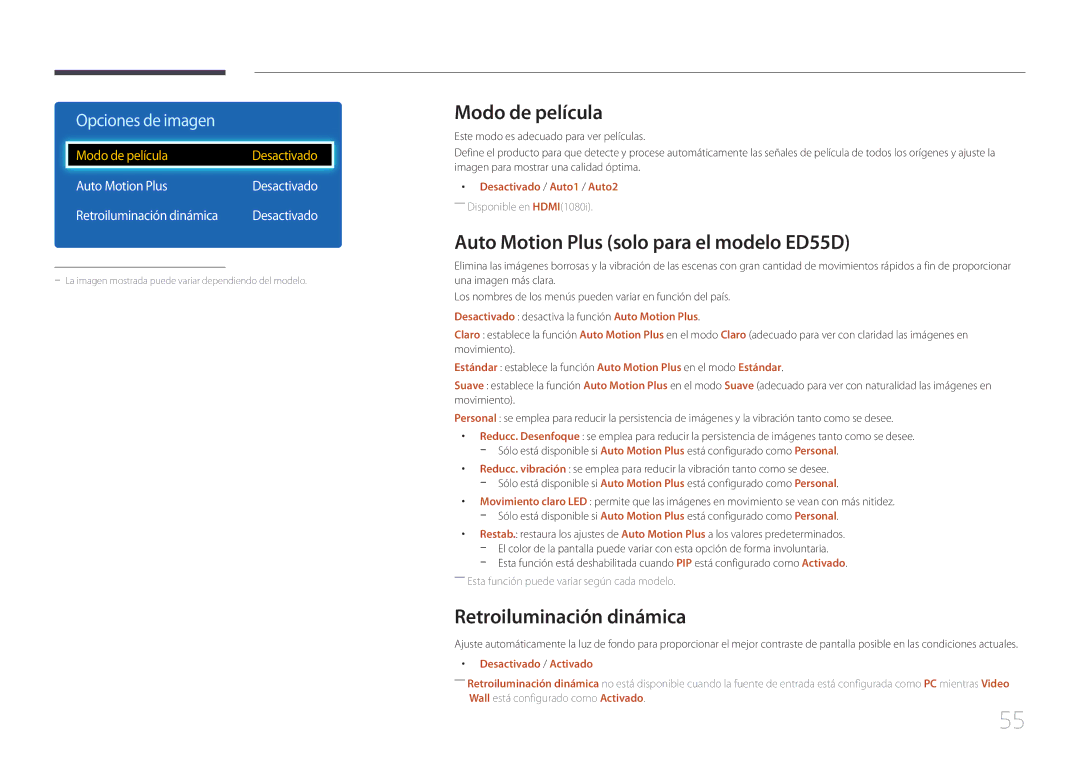 Samsung LH40EDDPLGC/EN manual Modo de película, Auto Motion Plus solo para el modelo ED55D, Retroiluminación dinámica 