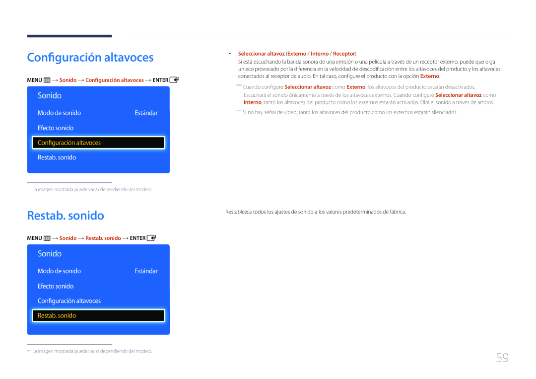 Samsung LH32EDDPLGC/EN, LH40EDDPLGC/EN, LH55EDDPLGC/EN manual Restab. sonido, Efecto sonido Configuración altavoces 