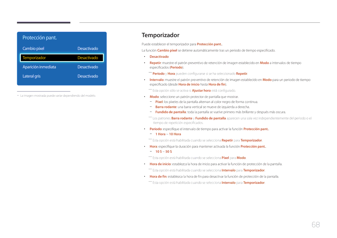 Samsung LH40EDCPLBC/EN, LH40EDDPLGC/EN manual Cambio píxel Desactivado, Aparición inmediata Desactivado Lateral gris 