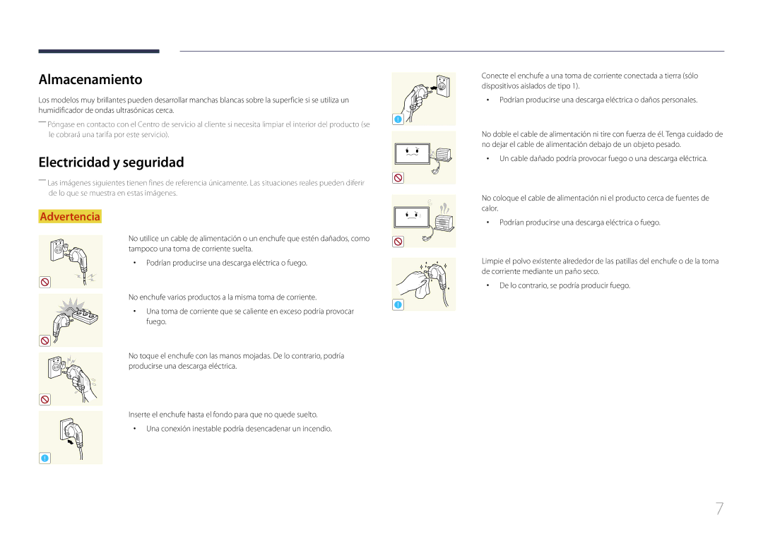 Samsung LH46EDDPLGC/EN, LH40EDDPLGC/EN, LH55EDDPLGC/EN, LH40EDCPLBC/EN manual Almacenamiento, Electricidad y seguridad 