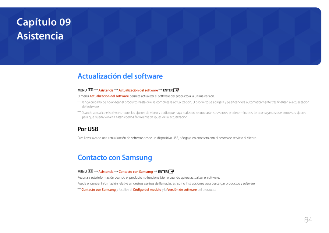 Samsung LH32EDDPLGC/EN, LH40EDDPLGC/EN manual Asistencia, Actualización del software, Contacto con Samsung, Por USB 