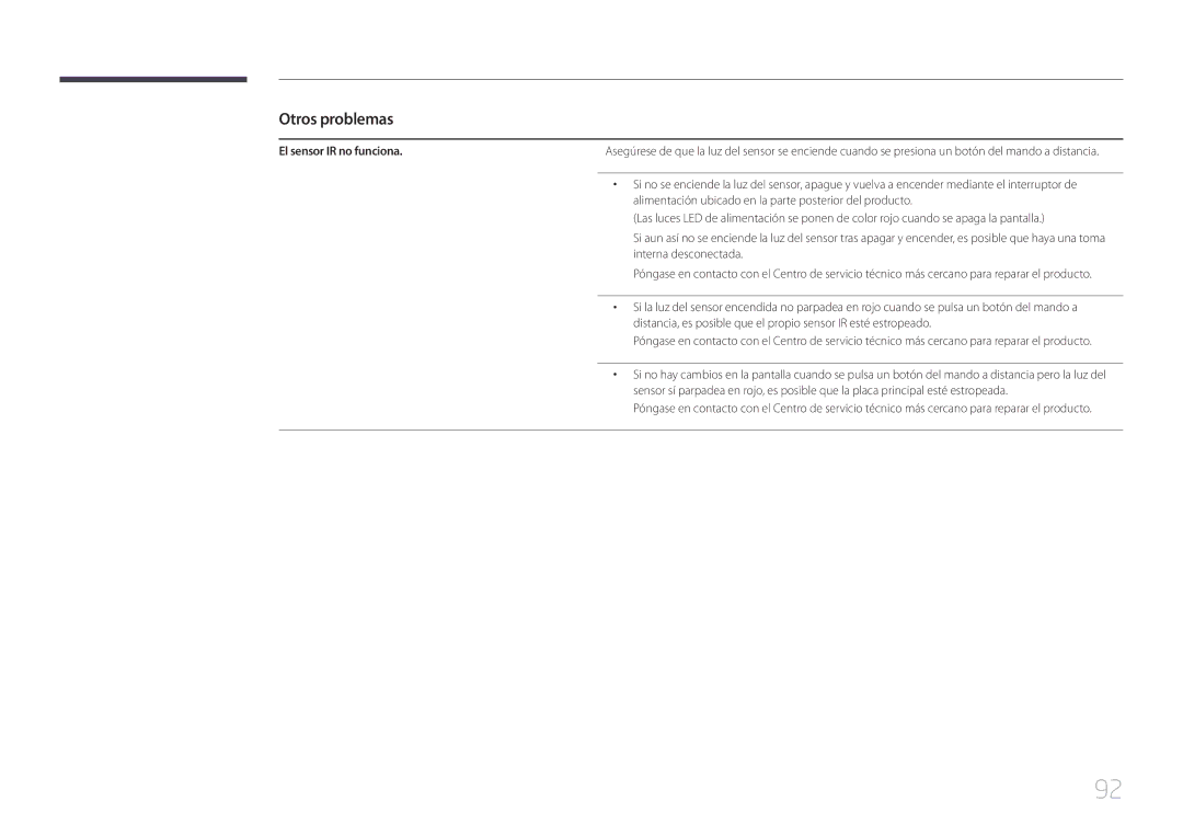 Samsung LH46EDDPLGC/EN, LH40EDDPLGC/EN, LH55EDDPLGC/EN, LH40EDCPLBC/EN, LH32EDDPLGC/EN manual El sensor IR no funciona 