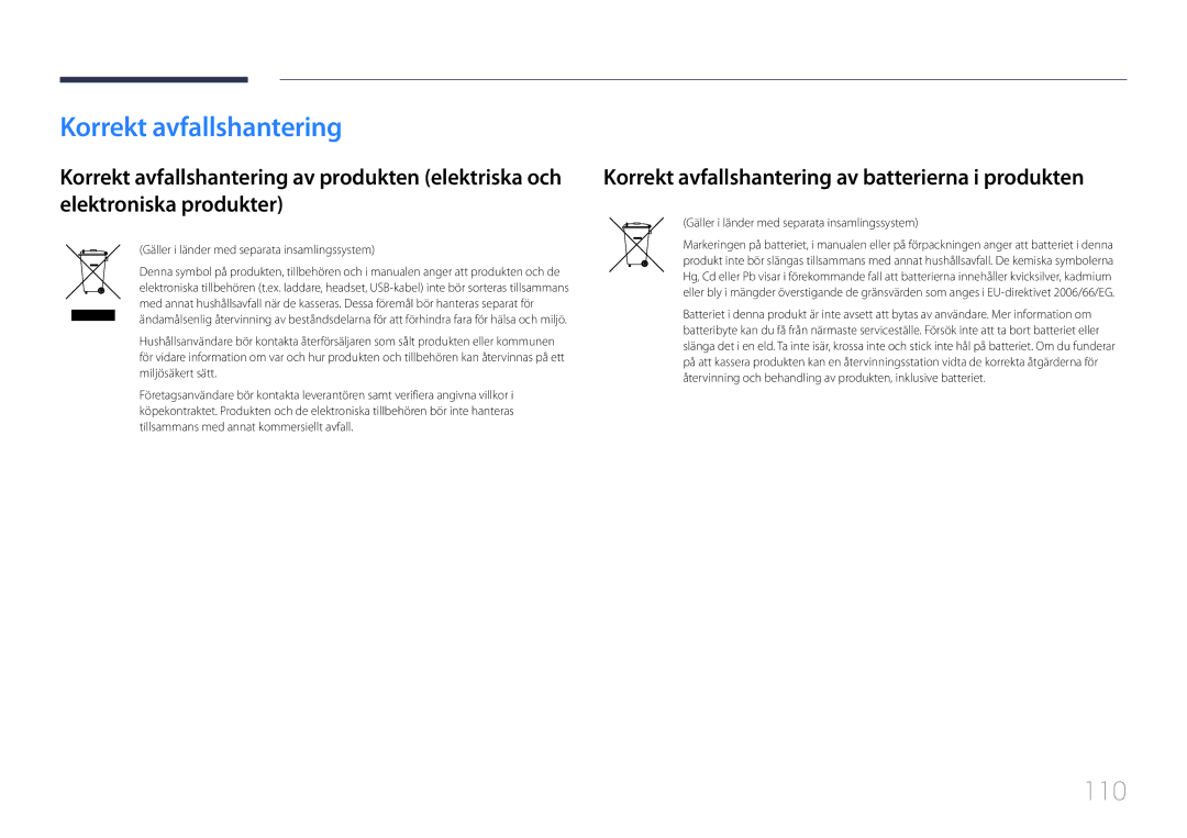 Samsung LH40EDDPLGC/EN, LH55EDDPLGC/EN, LH46EDDPLGC/EN manual Korrekt avfallshantering av batterierna i produkten 