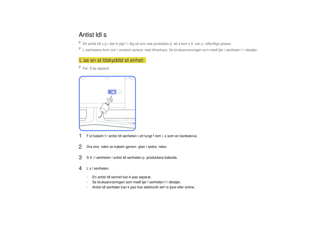 Samsung LH55EDDPLGC/EN, LH40EDDPLGC/EN, LH46EDDPLGC/EN, LH40EDCPLBC/EN manual Antistöldlås, Låsa en stöldskyddslåst enhet 