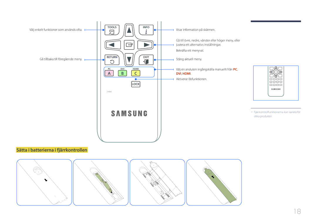 Samsung LH40EDCPLBC/EN, LH40EDDPLGC/EN manual Sätta i batterierna i fjärrkontrollen, Välj enkelt funktioner som används ofta 