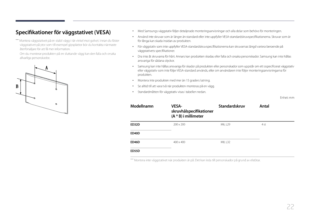 Samsung LH46EDDPLGC/EN, LH40EDDPLGC/EN manual Specifikationer för väggstativet Vesa, Standardskruv Antal, I millimeter 