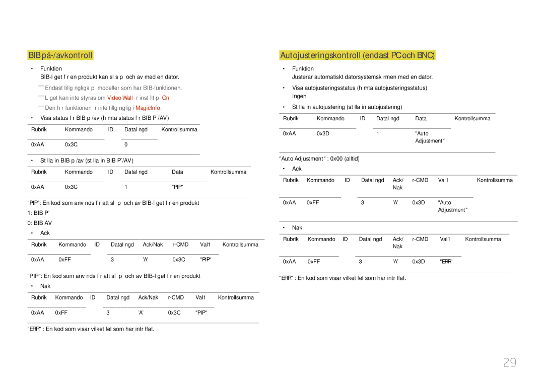 Samsung LH32EDDPLGC/EN, LH40EDDPLGC/EN, LH55EDDPLGC/EN manual BIB på-/avkontroll, Autojusteringskontroll endast PC och BNC 