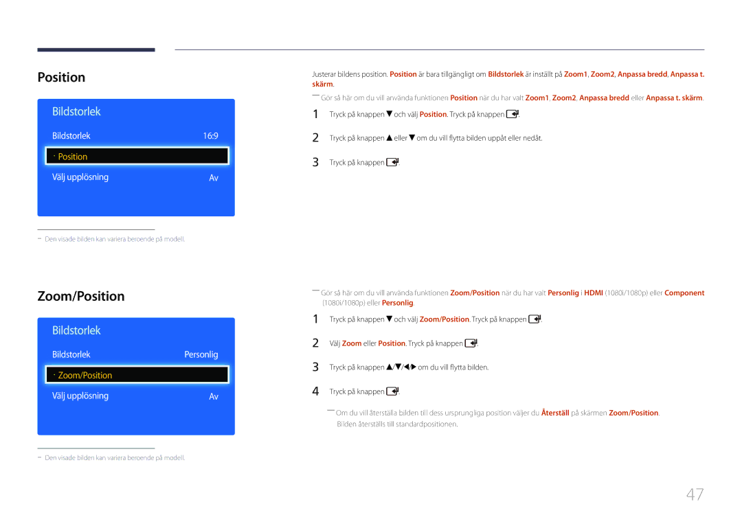 Samsung LH46EDDPLGC/EN, LH40EDDPLGC/EN, LH55EDDPLGC/EN manual Zoom/Position, Bildstorlek 169, BildstorlekPersonlig 