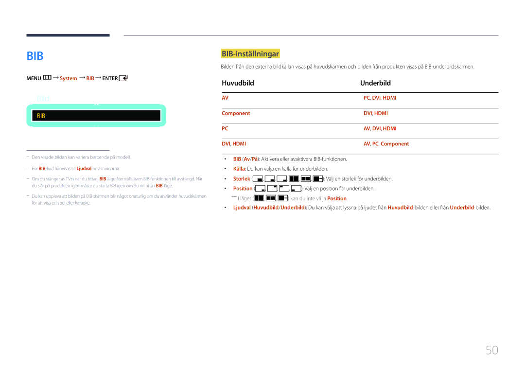 Samsung LH40EDDPLGC/EN manual BIB-inställningar, Huvudbild Underbild, Menu m System BIB Enter, AV , PC , Component 