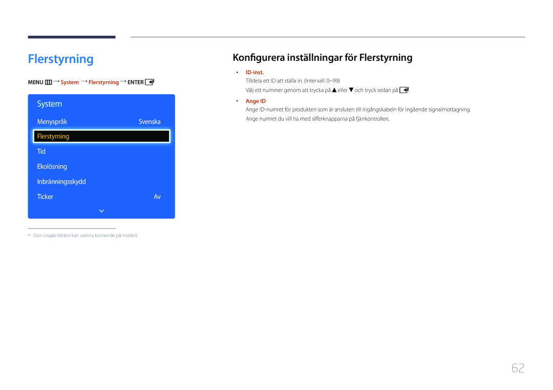 Samsung LH46EDDPLGC/EN, LH40EDDPLGC/EN manual Flerstyrning, MenyspråkSvenska, Tid Ekolösning Inbränningsskydd Ticker 