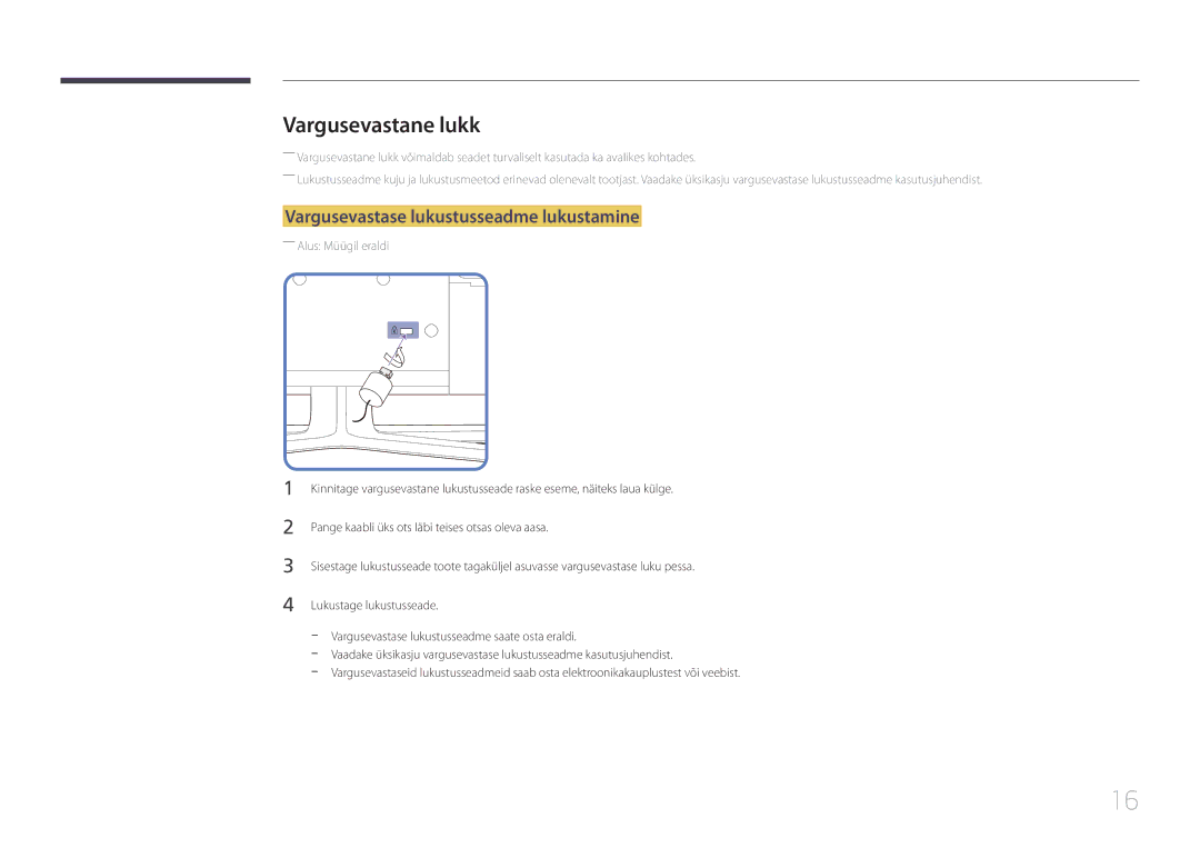 Samsung LH55EDDPLGC/EN, LH40EDDPLGC/EN, LH46EDDPLGC/EN manual Vargusevastane lukk, Vargusevastase lukustusseadme lukustamine 