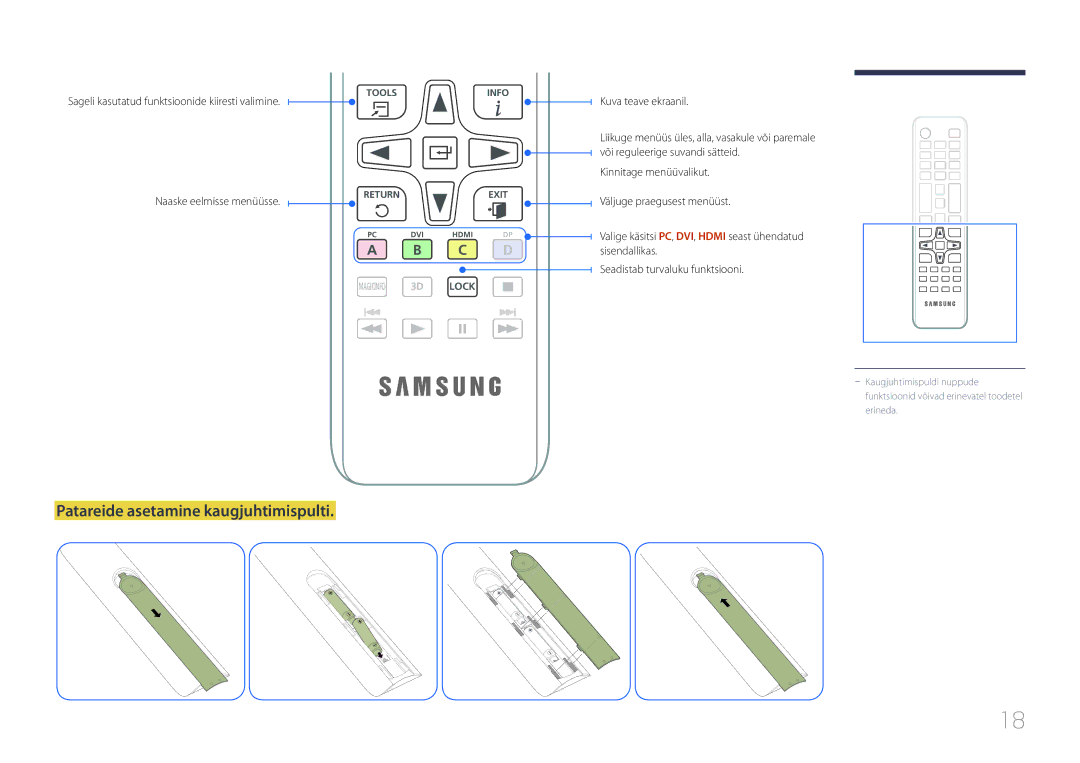 Samsung LH40EDCPLBC/EN manual Patareide asetamine kaugjuhtimispulti, Sageli kasutatud funktsioonide kiiresti valimine 