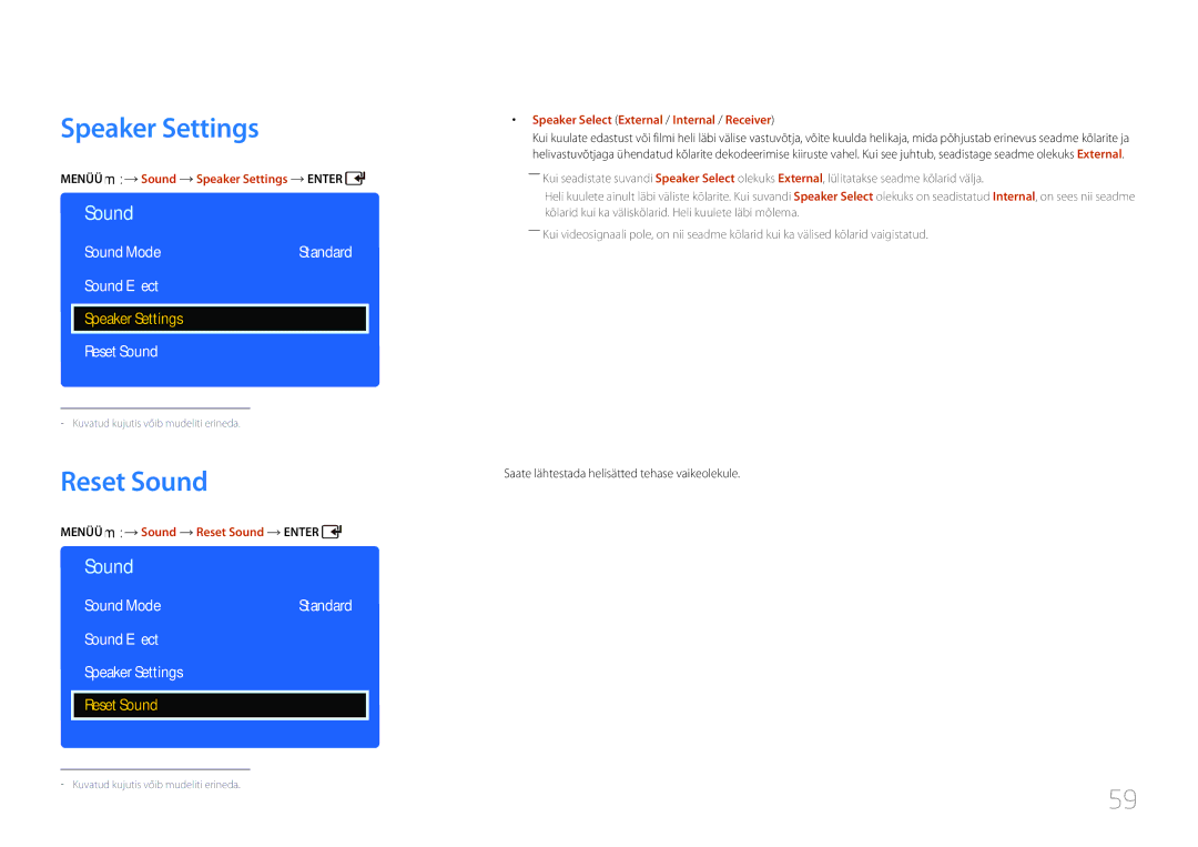 Samsung LH32EDDPLGC/EN, LH40EDDPLGC/EN, LH55EDDPLGC/EN, LH46EDDPLGC/EN Reset Sound, Sound Effect Speaker Settings 