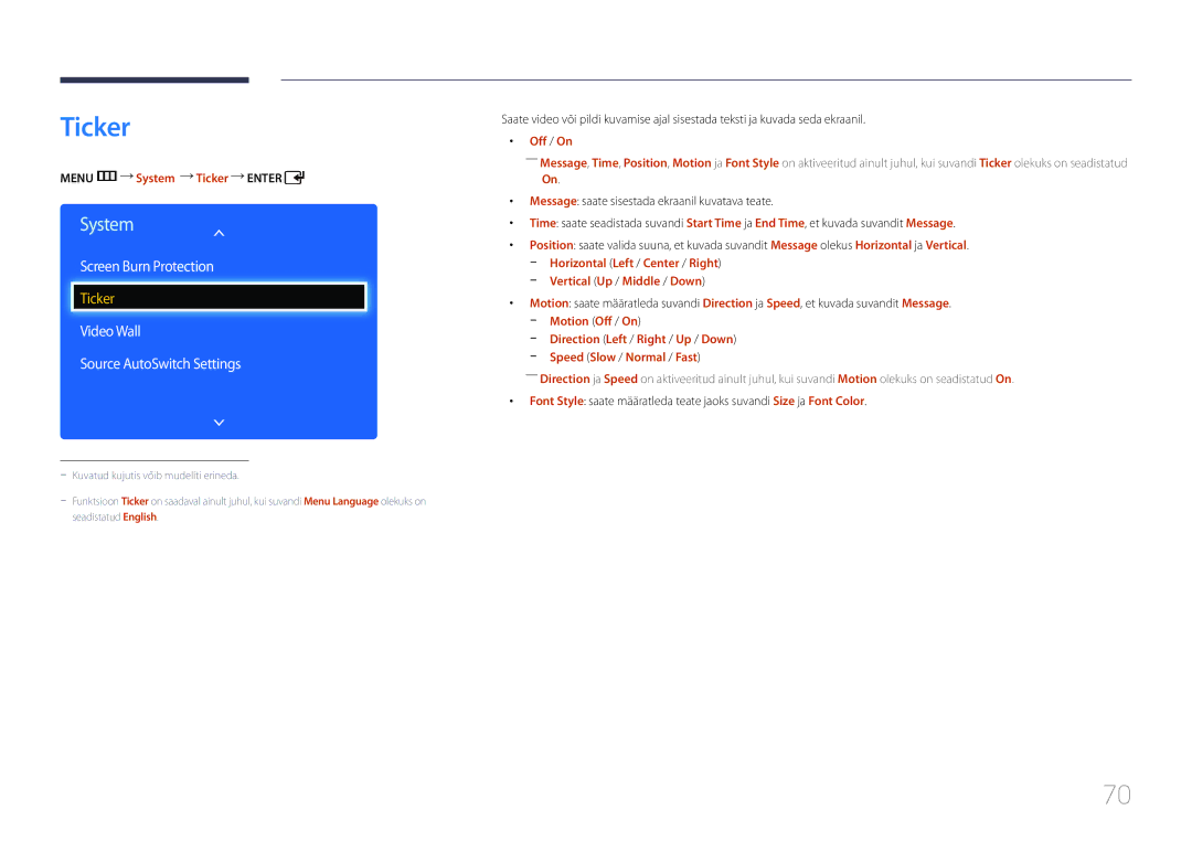 Samsung LH40EDDPLGC/EN Video Wall Source AutoSwitch Settings, Menu m System Ticker Enter, Vertical Up / Middle / Down 