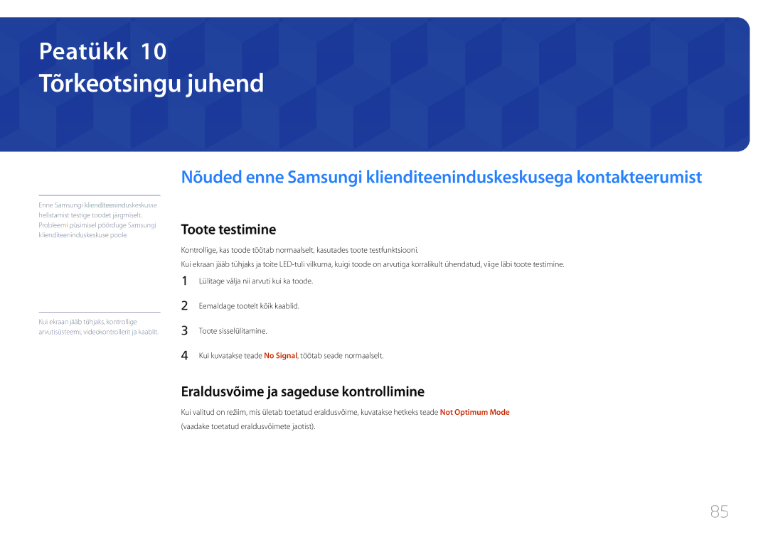 Samsung LH40EDDPLGC/EN, LH55EDDPLGC/EN manual Tõrkeotsingu juhend, Toote testimine, Eraldusvõime ja sageduse kontrollimine 