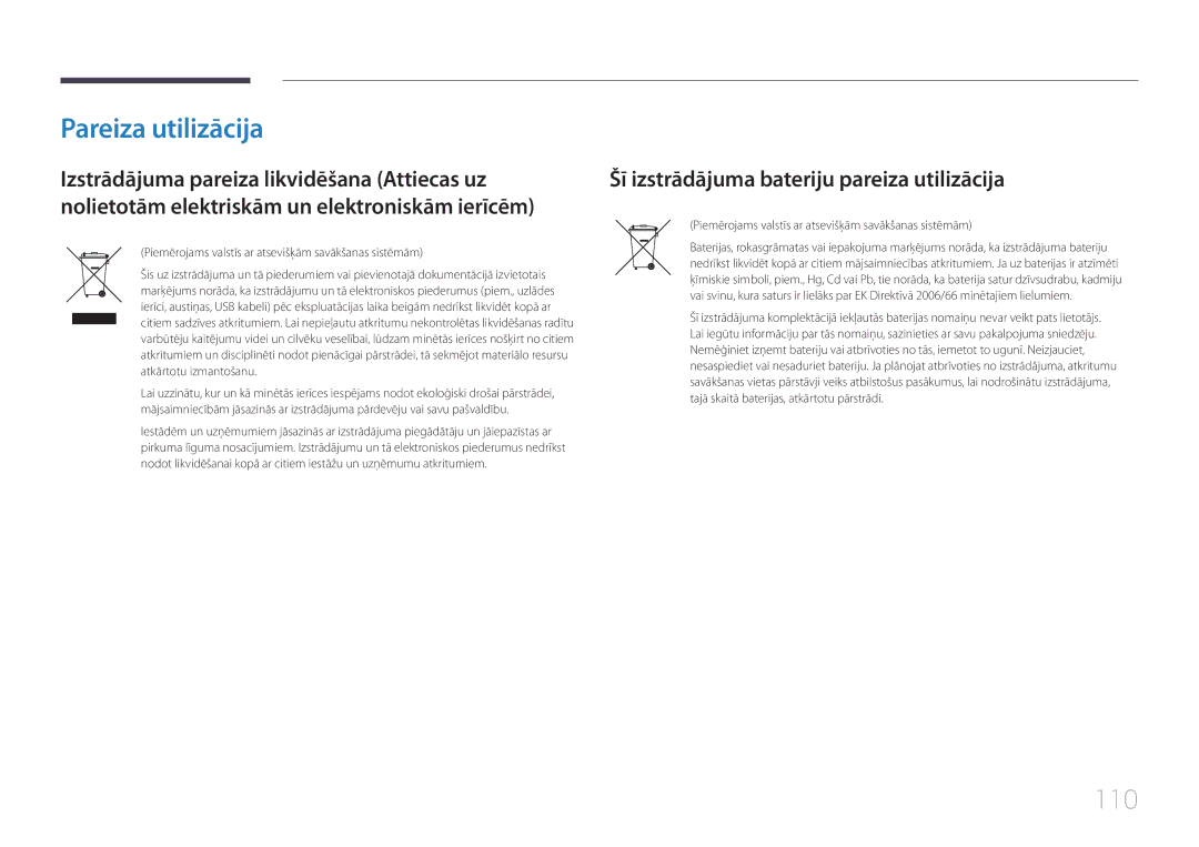 Samsung LH40EDDPLGC/EN, LH55EDDPLGC/EN, LH46EDDPLGC/EN Pareiza utilizācija, Šī izstrādājuma bateriju pareiza utilizācija 