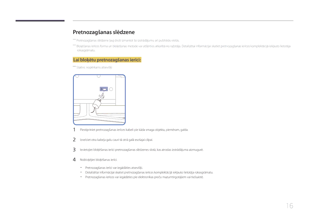 Samsung LH55EDDPLGC/EN, LH40EDDPLGC/EN, LH46EDDPLGC/EN manual Pretnozagšanas slēdzene, Lai bloķētu pretnozagšanas ierīci 