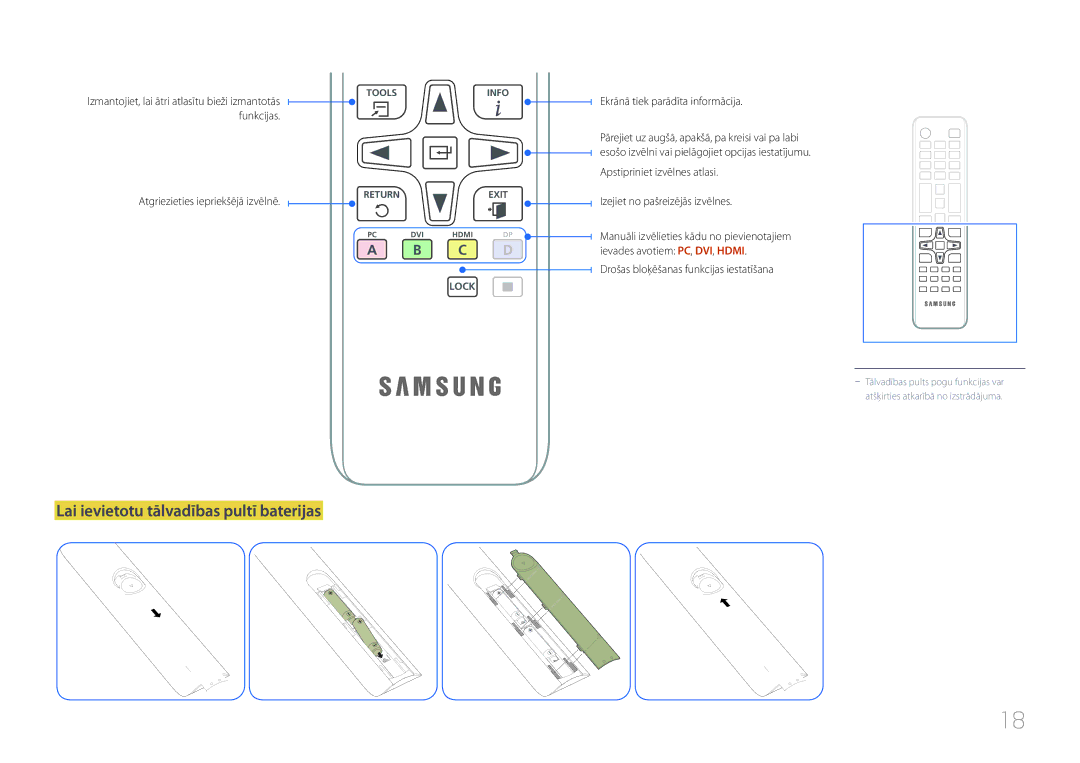 Samsung LH40EDCPLBC/EN, LH40EDDPLGC/EN manual Lai ievietotu tālvadības pultī baterijas, Atgriezieties iepriekšējā izvēlnē 