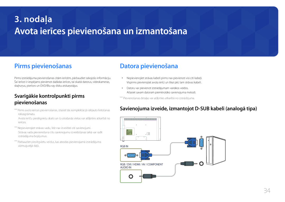 Samsung LH32EDDPLGC/EN, LH40EDDPLGC/EN Avota ierīces pievienošana un izmantošana, Pirms pievienošanas, Datora pievienošana 