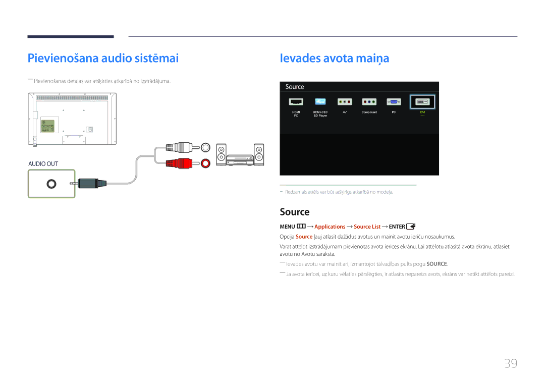 Samsung LH32EDDPLGC/EN, LH40EDDPLGC/EN manual Pievienošana audio sistēmai, Menu m Applications Source List Enter 