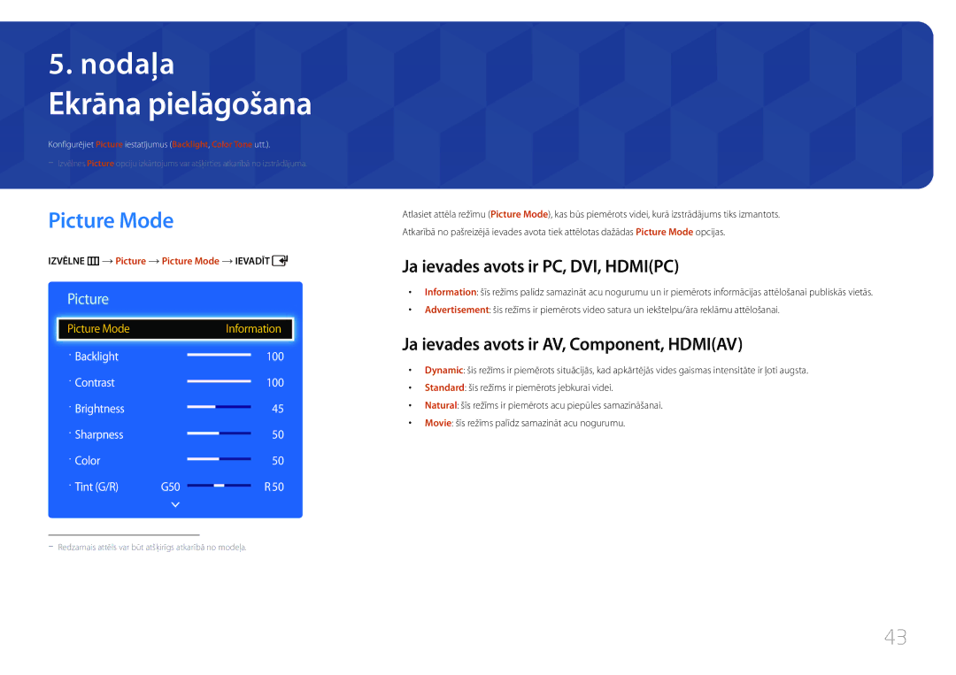 Samsung LH40EDCPLBC/EN, LH40EDDPLGC/EN manual Ekrāna pielāgošana, Picture Mode, Ja ievades avots ir PC, DVI, Hdmipc 