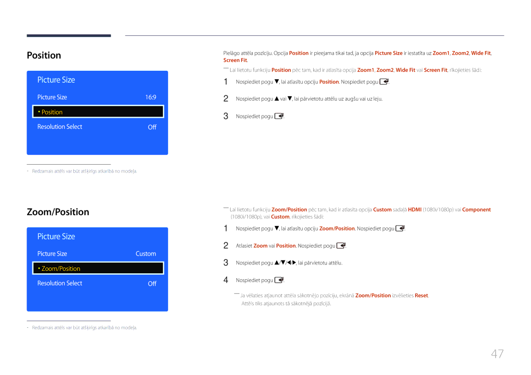 Samsung LH46EDDPLGC/EN, LH40EDDPLGC/EN, LH55EDDPLGC/EN manual Zoom/Position, Picture Size 169, Lai pārvietotu attēlu 