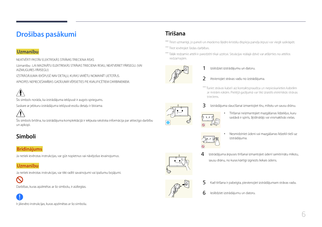 Samsung LH55EDDPLGC/EN, LH40EDDPLGC/EN, LH46EDDPLGC/EN, LH40EDCPLBC/EN manual Drošības pasākumi, Simboli, Tīrīšana, Uzmanību 