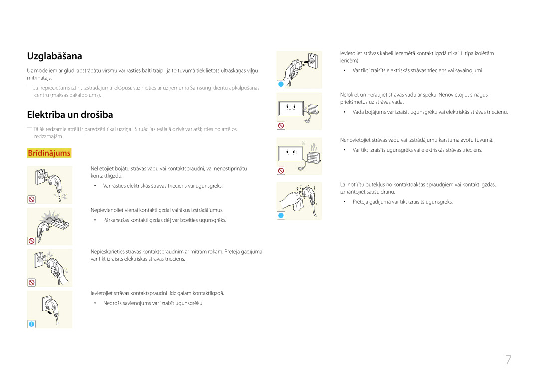 Samsung LH46EDDPLGC/EN, LH40EDDPLGC/EN, LH55EDDPLGC/EN, LH40EDCPLBC/EN, LH32EDDPLGC/EN manual Uzglabāšana, Elektrība un drošība 